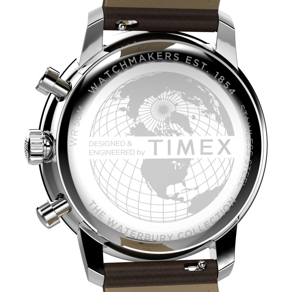Engraved watch case back with globe design and dark brown leather strap.