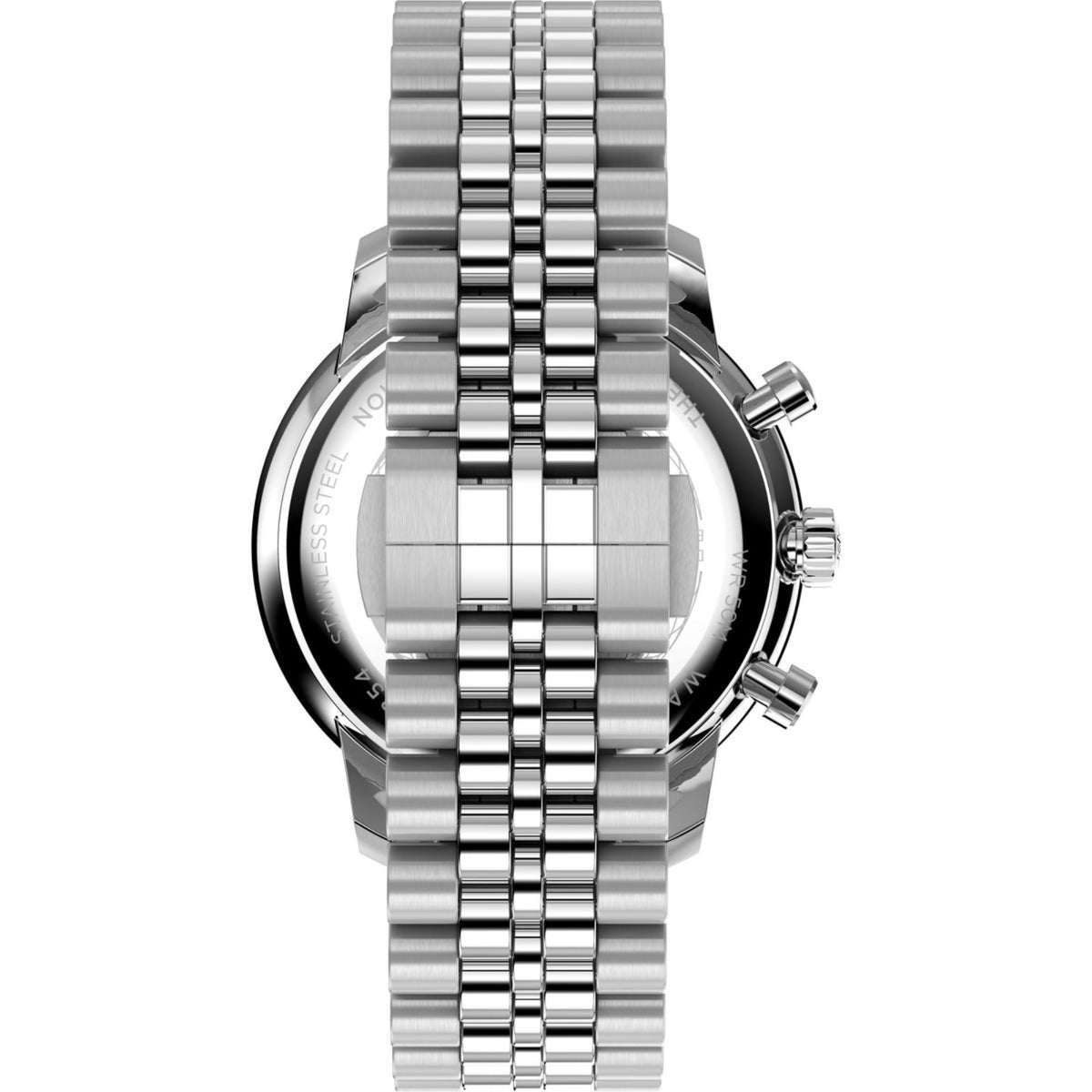 Stainless steel chronograph watch side view with green dial, crown and pushers