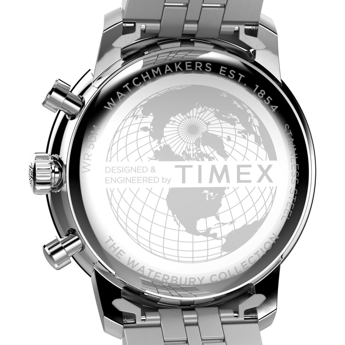 Stainless steel watch caseback with engraved globe and chronograph text
