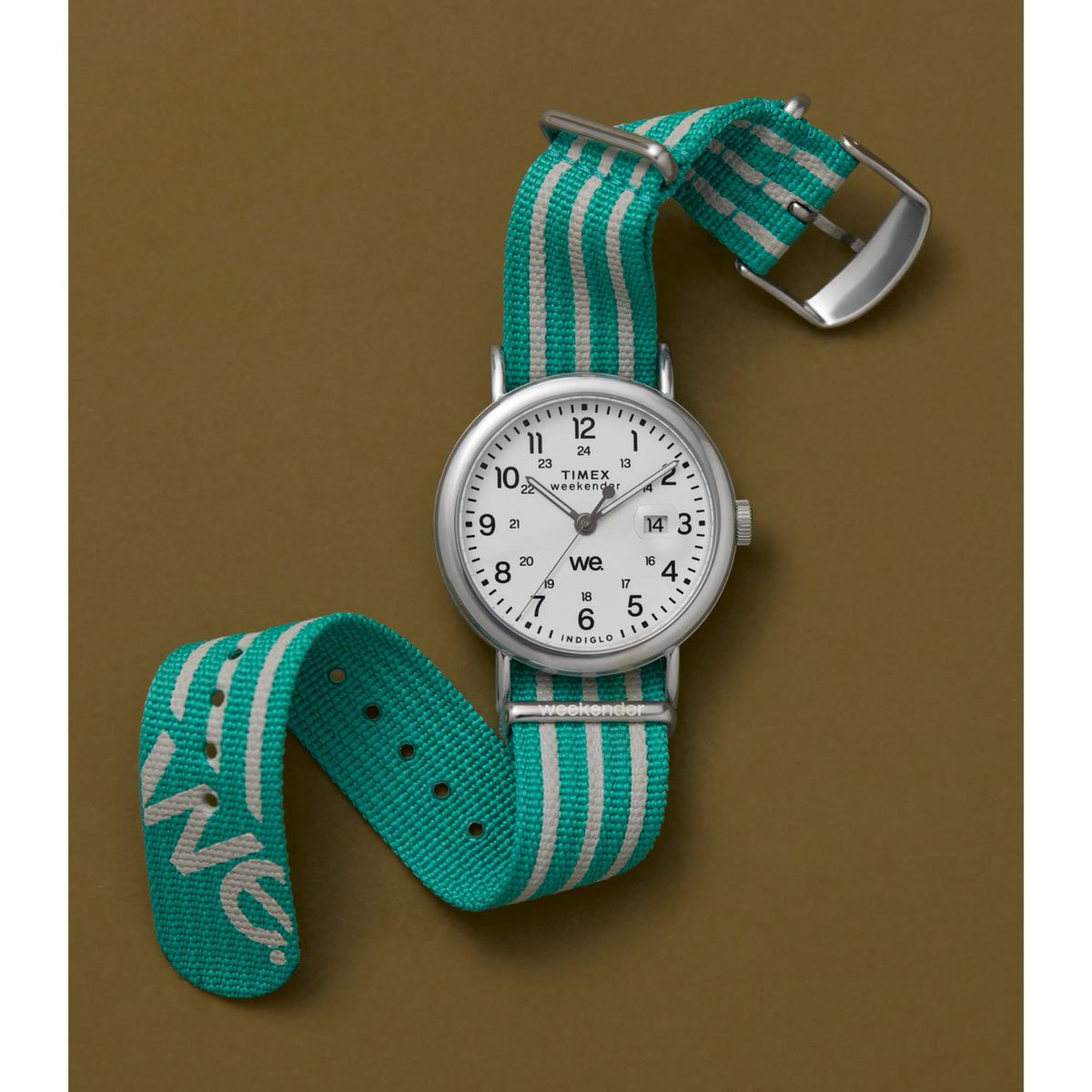 Timex Weekender quartz watch with white dial and green striped fabric strap