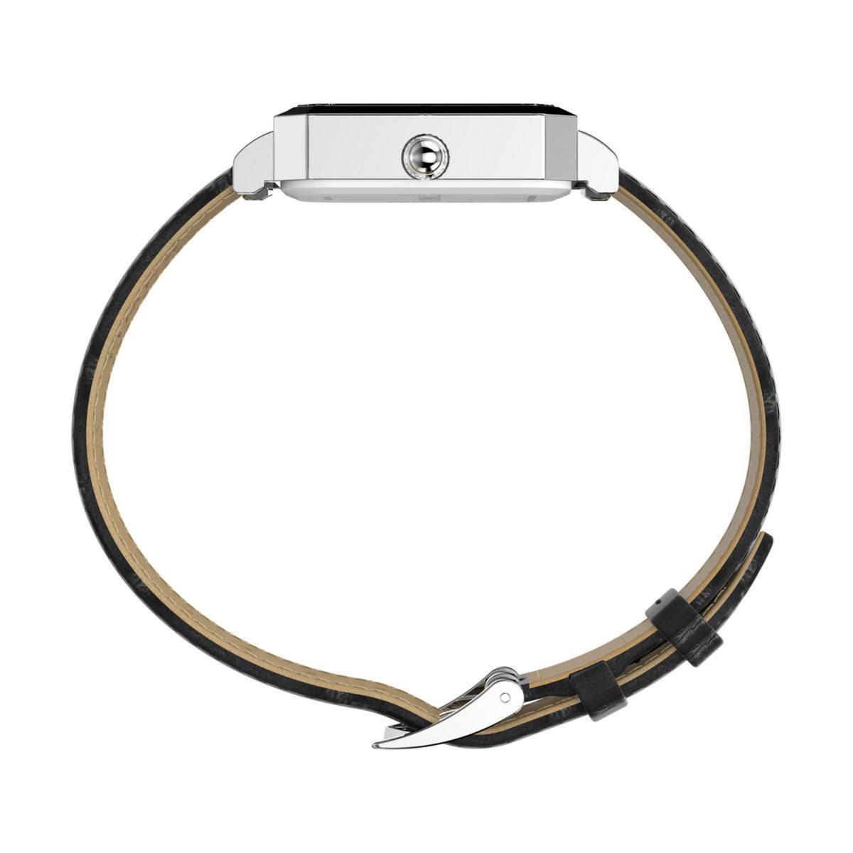 Silver-tone watch case with black leather band and clasp underside side view