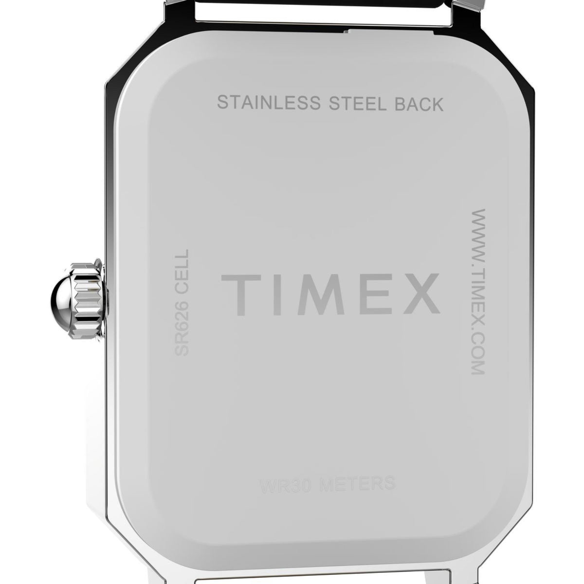 Stainless steel watch case back with engraved markings and crown stem