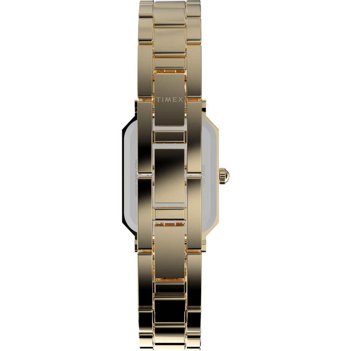Gold-tone square watch case with side crown and linked metal band, three-quarter view