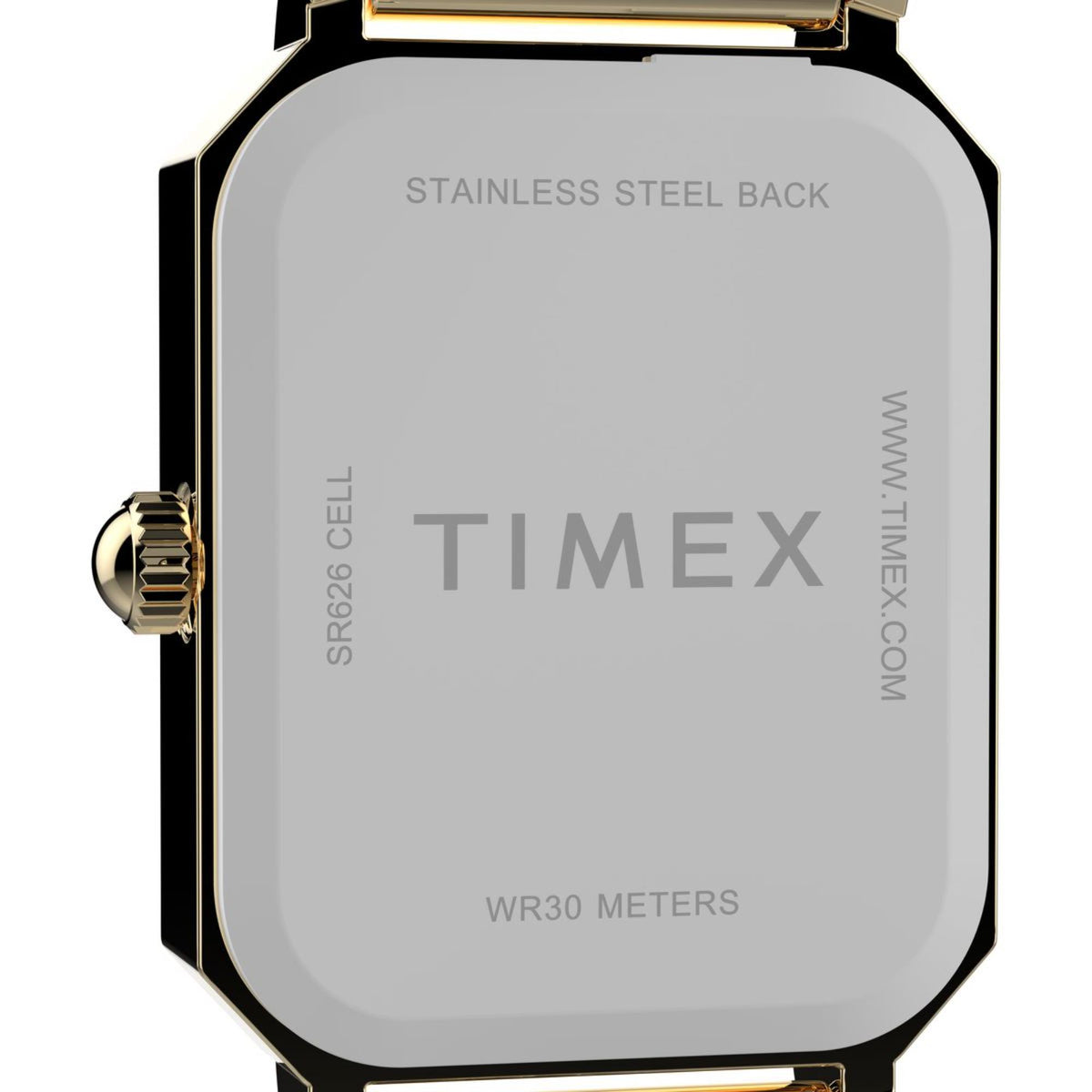 Gold-tone square watch case back with stainless steel engraving and WR30 meters