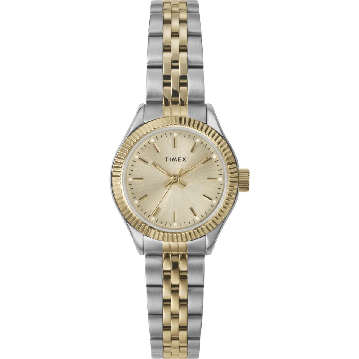 Timex ladies quartz wrist watch, 25mm champagne dial, two-tone steel bracelet and gold bezel