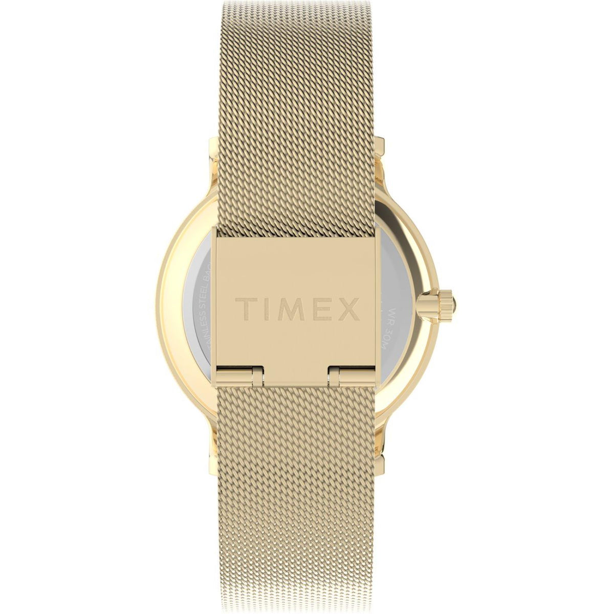 Gold-tone Timex watch with textured mesh bracelet and clasp, side profile view