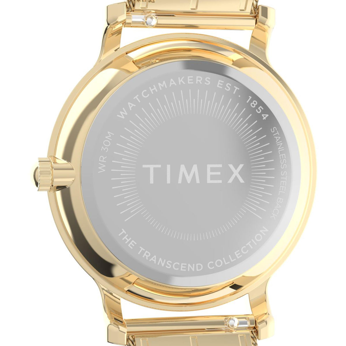 Gold-tone caseback with TIMEX text on sunburst dial and engraved outer ring
