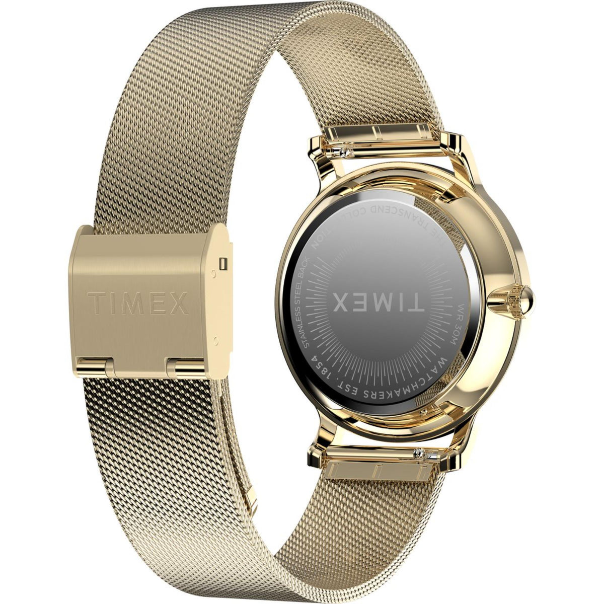 Gold-tone Timex watch with textured mesh bracelet, caseback and crown visible