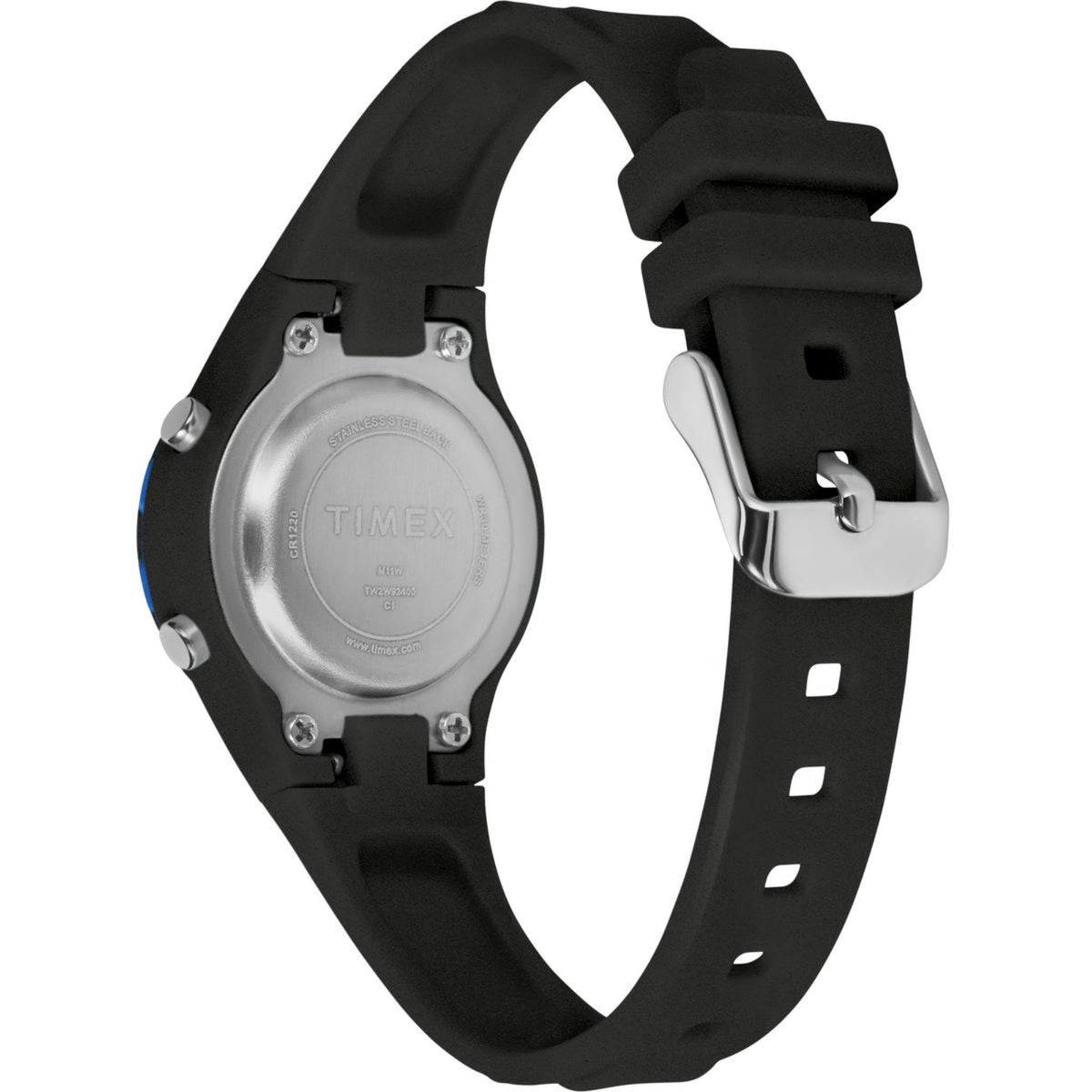 Kids digital watch with black resin strap, silver case, and blue bezel edge