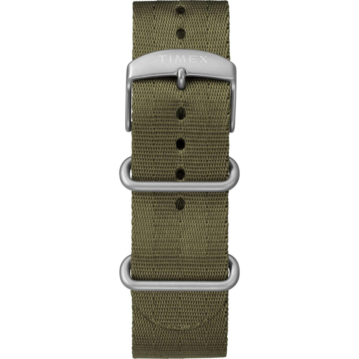 Men's Timex watch strap detail, olive woven fabric with metal keeper and pins