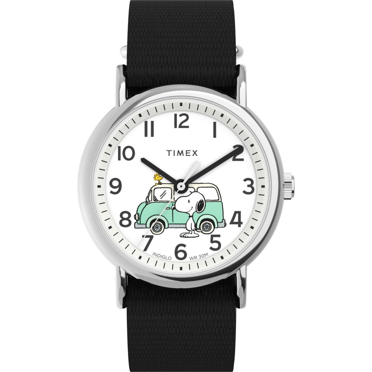 Ladies quartz watch with white dial, black fabric strap, camper scene graphic