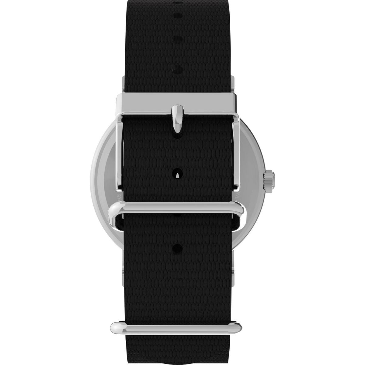 Black fabric watch strap with metal buckle, side case profile and crown