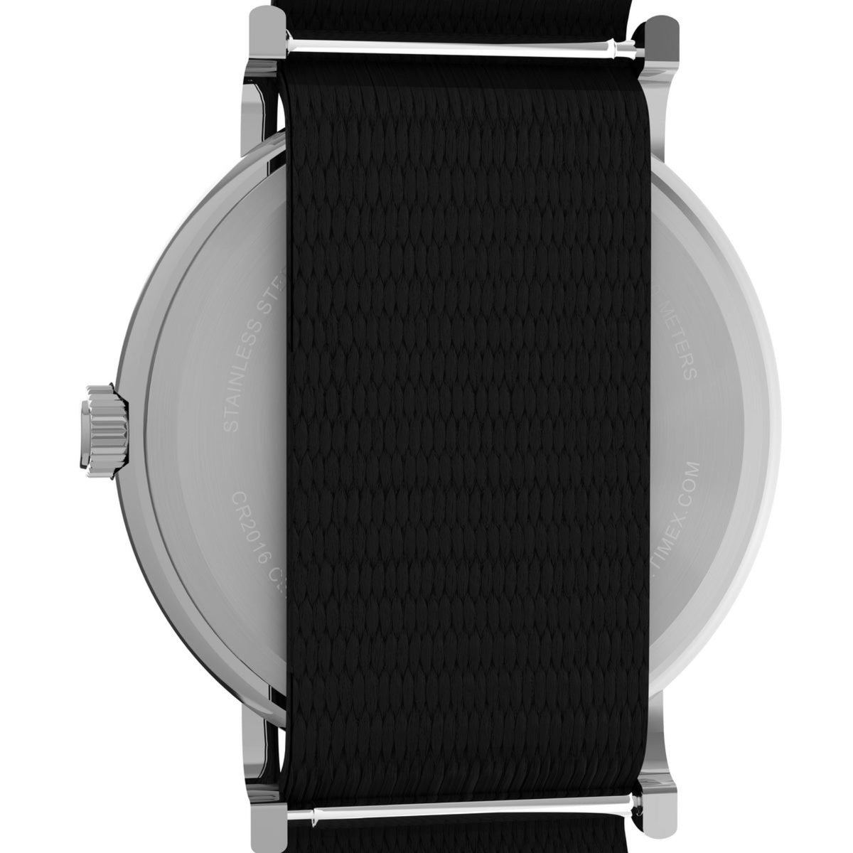 Round watch case back with black fabric strap centered, visible lug hardware
