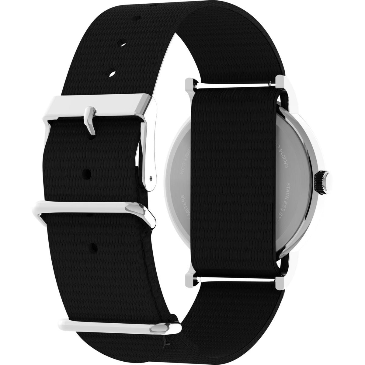 Black fabric strap watch with silver case edges and crown, angled side view