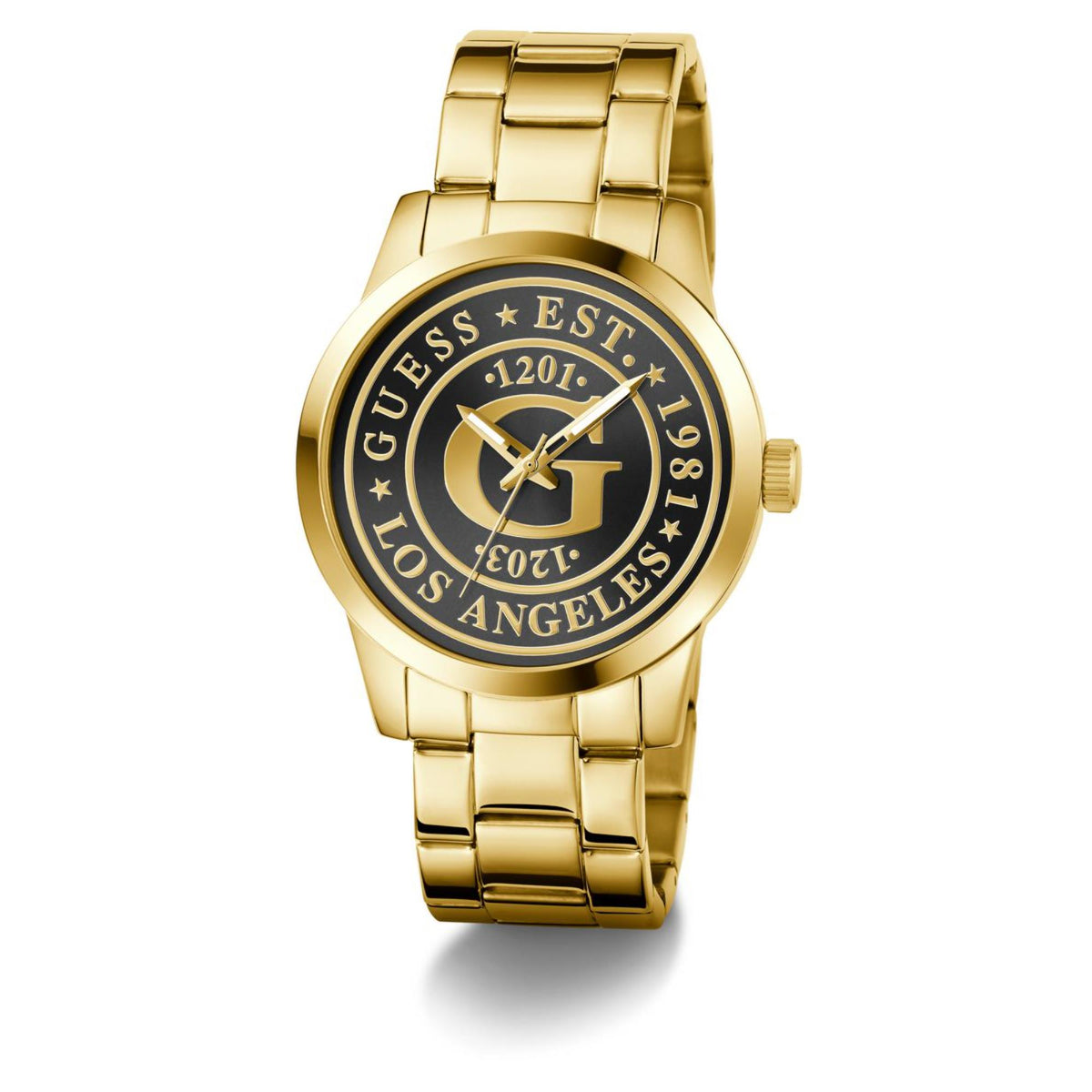 Men's gold-tone stainless steel watch with black dial and round bezel