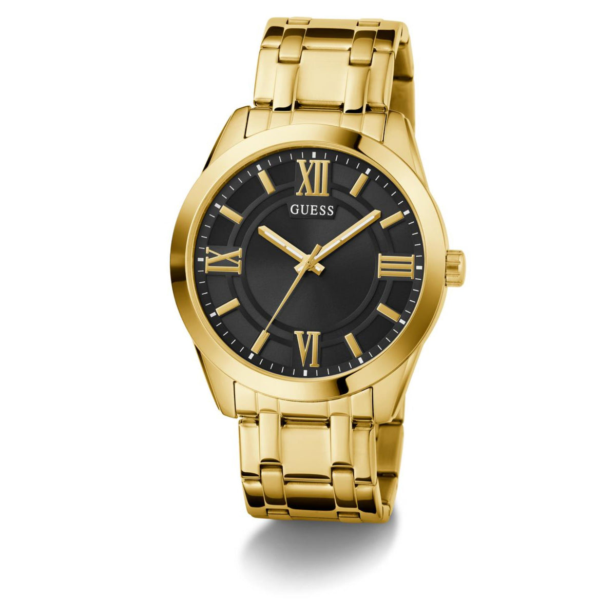 Gold-tone men's wristwatch with black dial, Roman numerals, and gold-tone crown