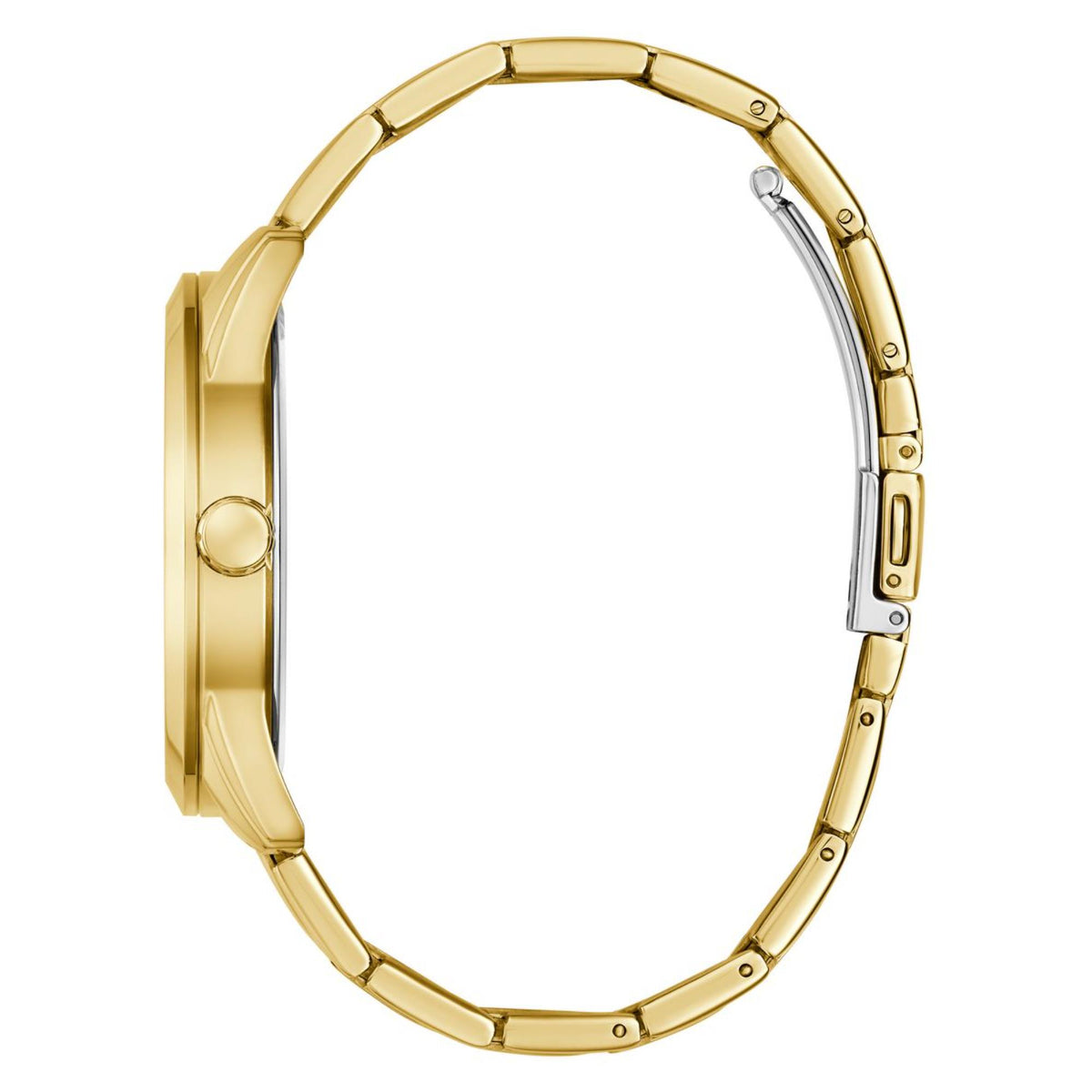Gold-tone men's watch case and bracelet side view with crown and pushers