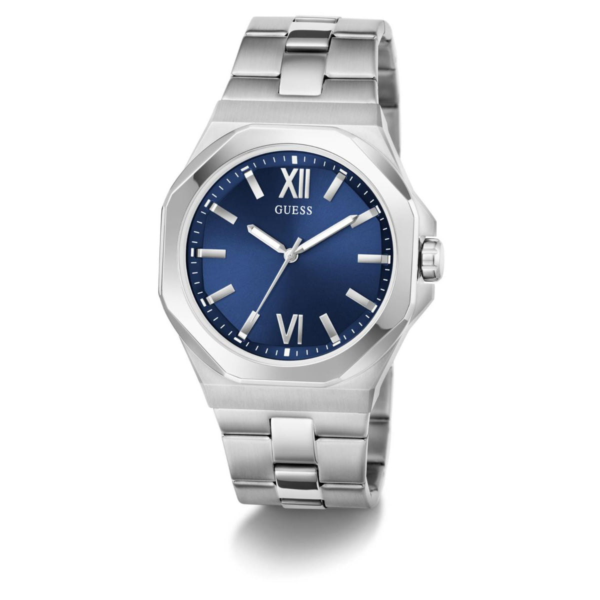 Stainless steel men’s watch featuring a blue dial with Roman numerals and slim hands