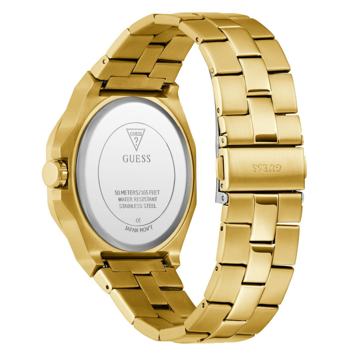 Stainless steel watch caseback with logo detailing, gold-tone link bracelet