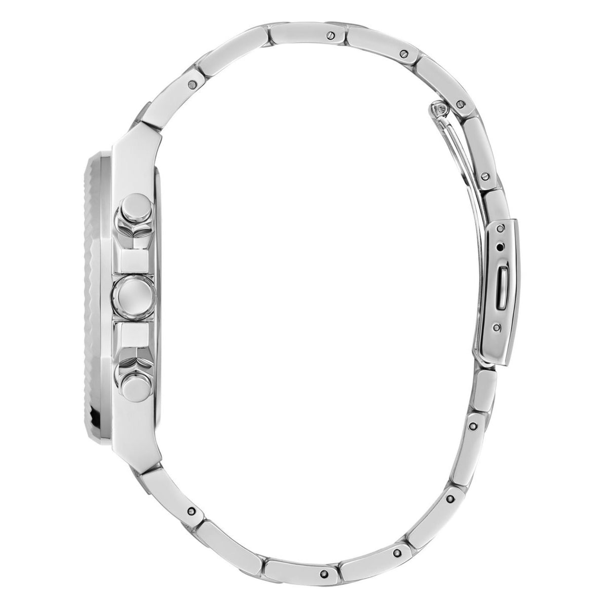 Silver stainless steel watch case back with link bracelet and side crown