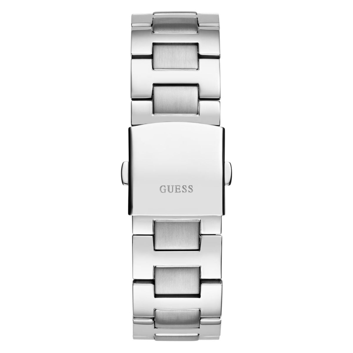 Silver stainless steel bracelet watch back view with clasp and centered logo