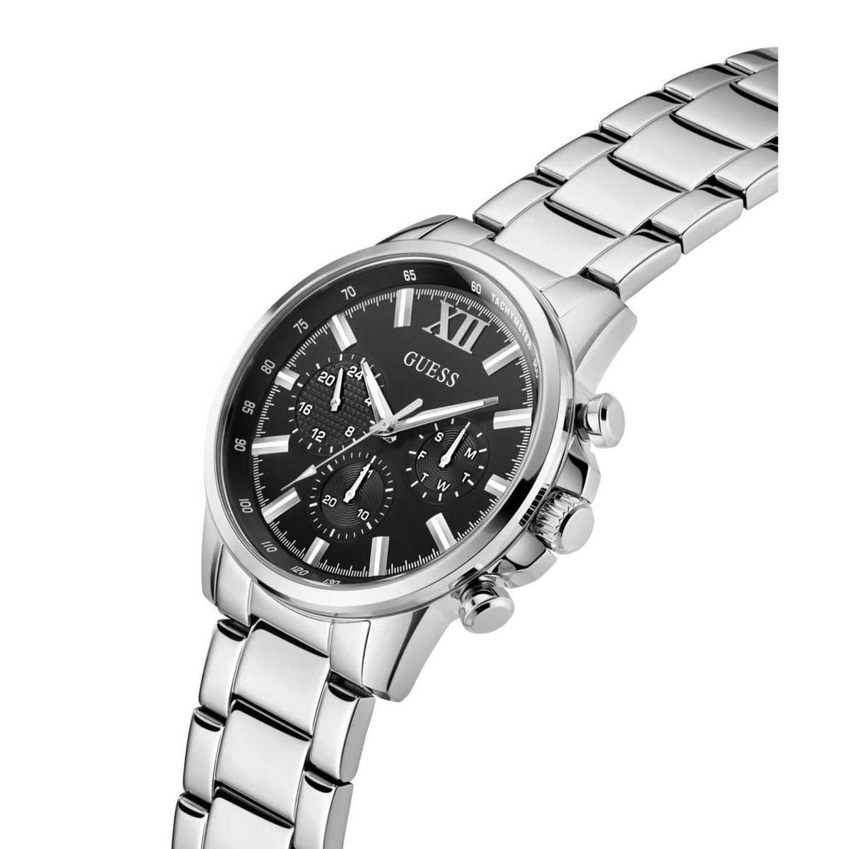 Men's stainless steel watch in angled view, black dial with Roman numerals and multiple subdials
