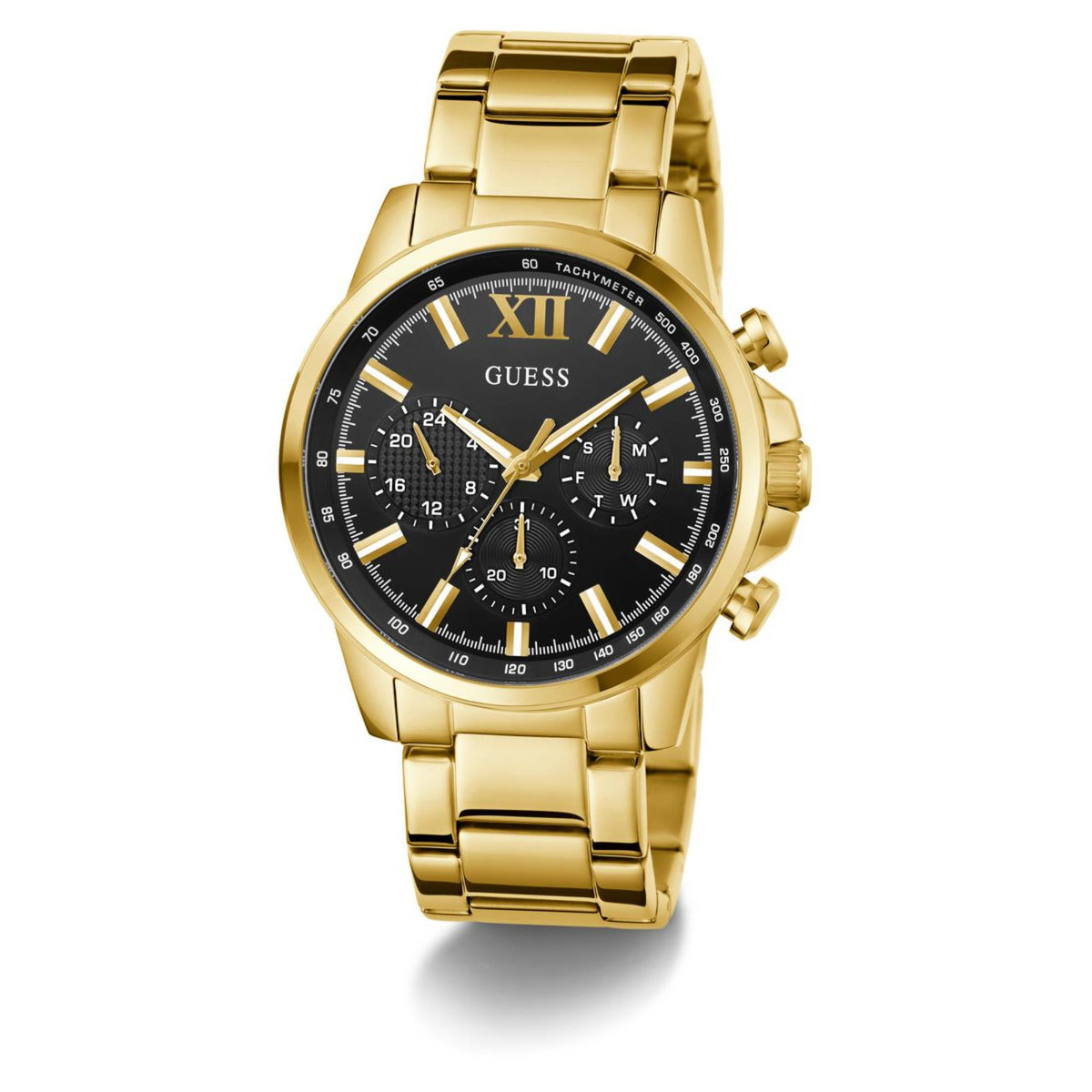 Gold-tone men's wristwatch with black dial, Roman numerals, multi-function chronograph