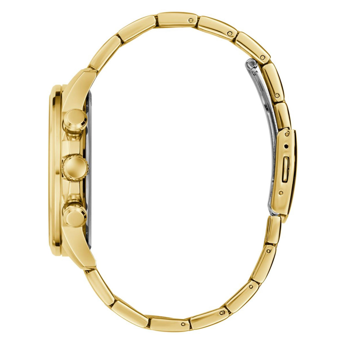 Gold-tone metal wristwatch bracelet side view with clasp and linked links