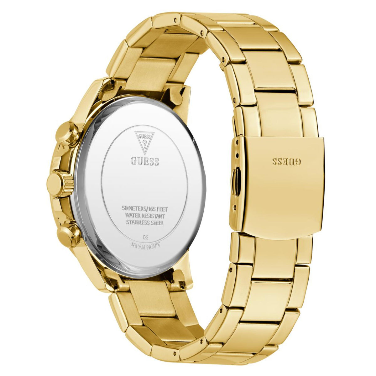 Gold-tone men's wristwatch caseback view with silver back and safety markings