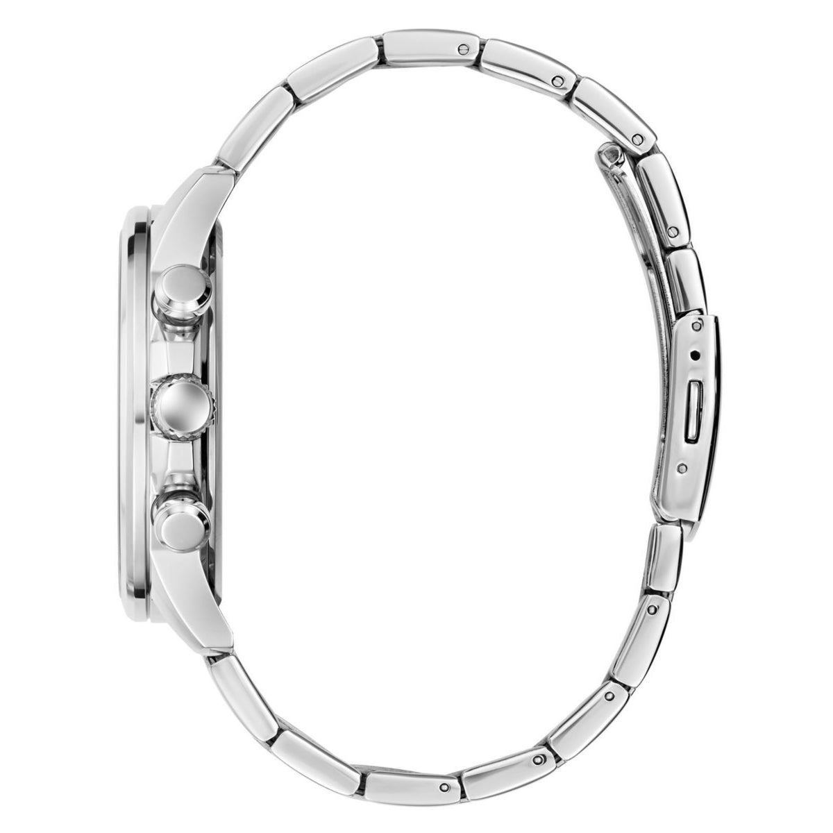 Men's stainless steel watch with polished bracelet links and visible side crown and buttons