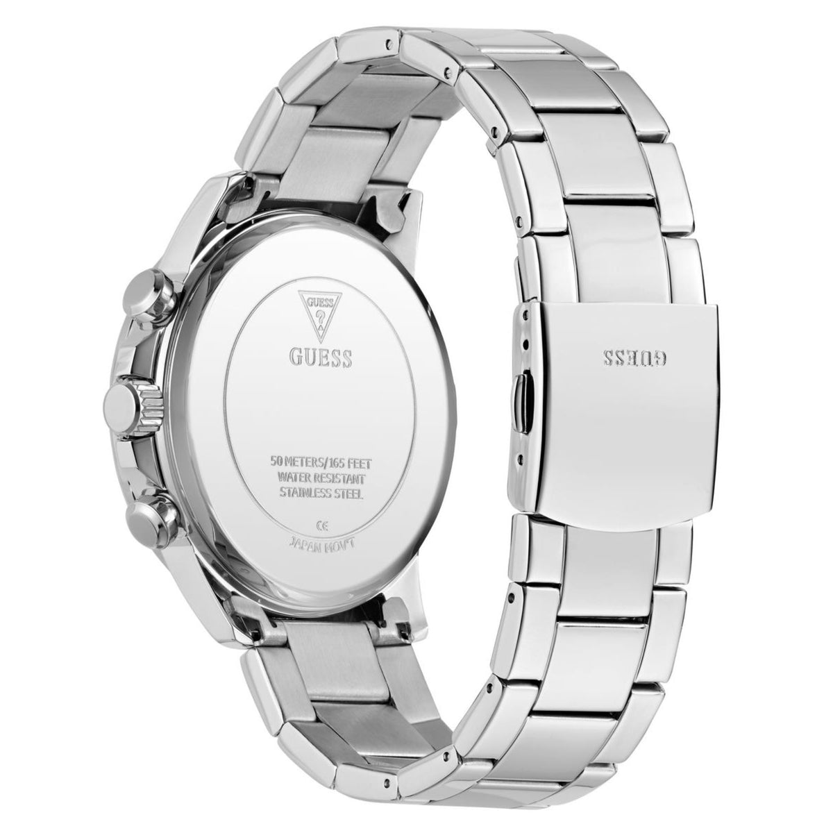 Men's stainless steel watch caseback with GUESS logo and engraved details on bracelet