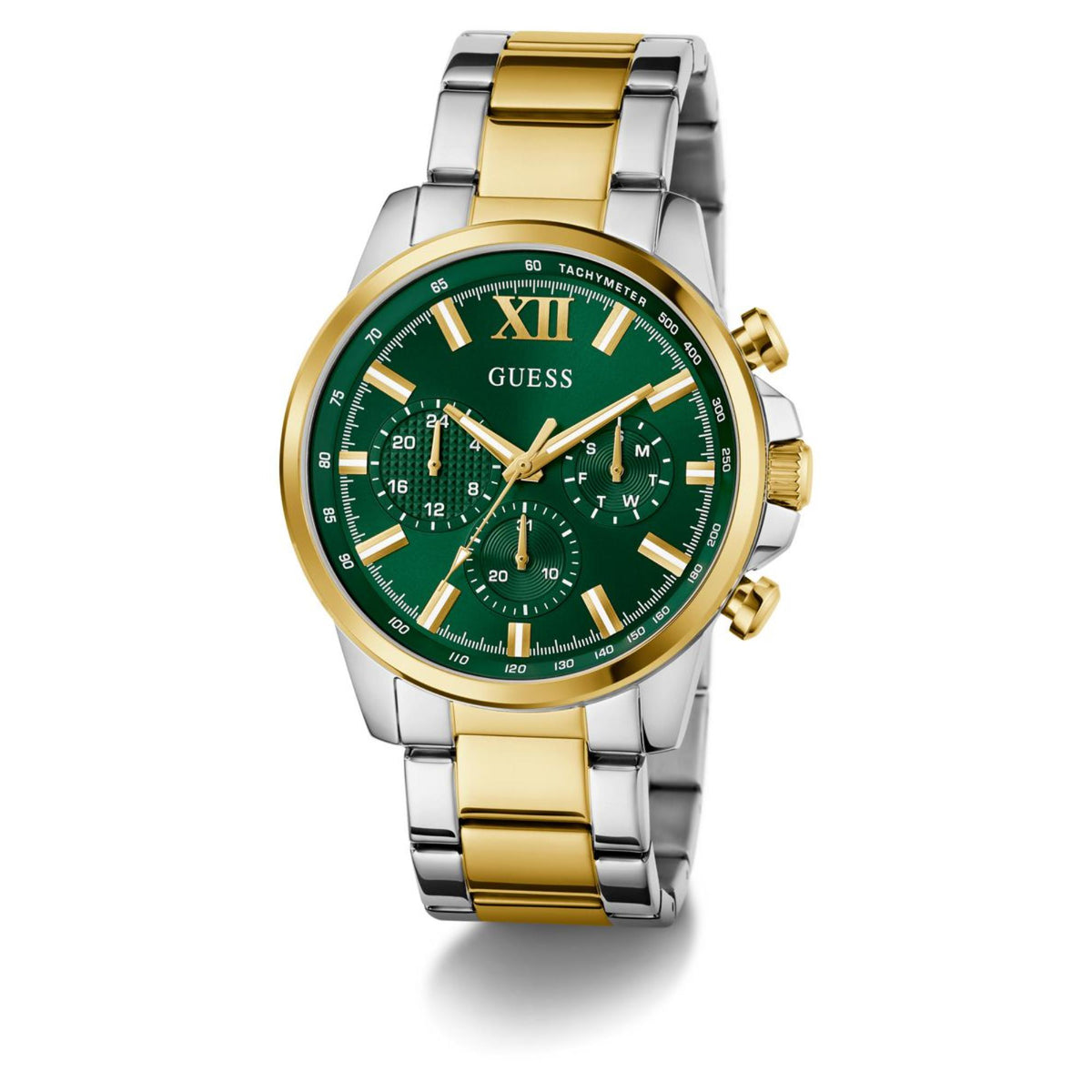 Men's green dial wristwatch featuring Roman numerals, gold hands, and two-tone bracelet