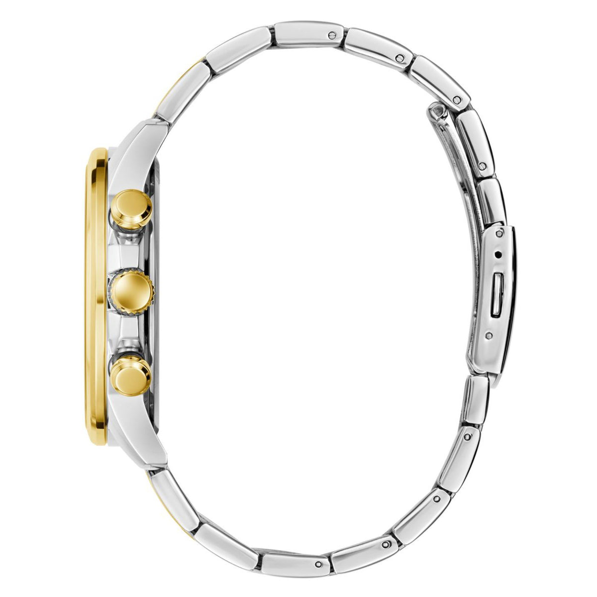 Two-tone stainless steel wristwatch bracelet with links and side gold-tone crown