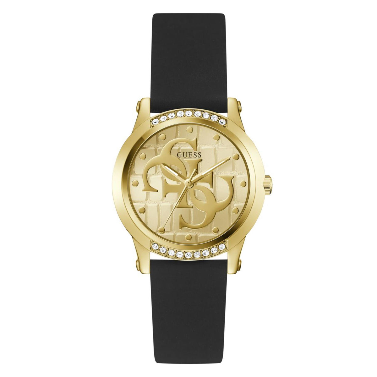 Guess women's gold-tone watch with black silicone strap, jeweled bezel, and floral dial
