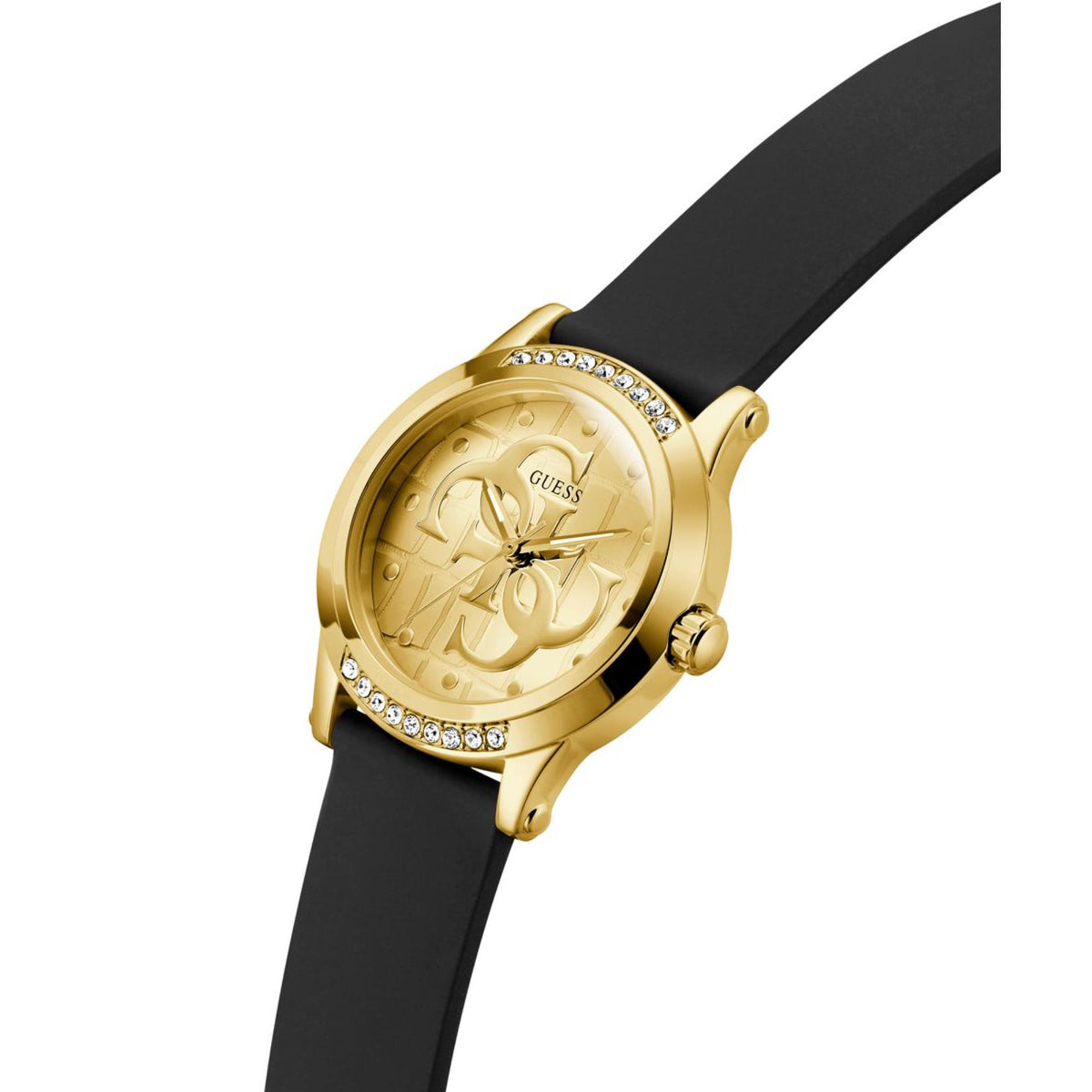 Gold-tone Guess women's watch with black silicone strap, jeweled bezel, and angled dial view