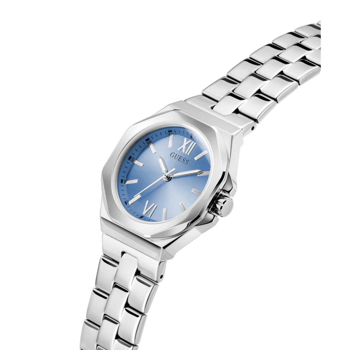 Women's stainless steel watch with light blue dial, angled linked bracelet view