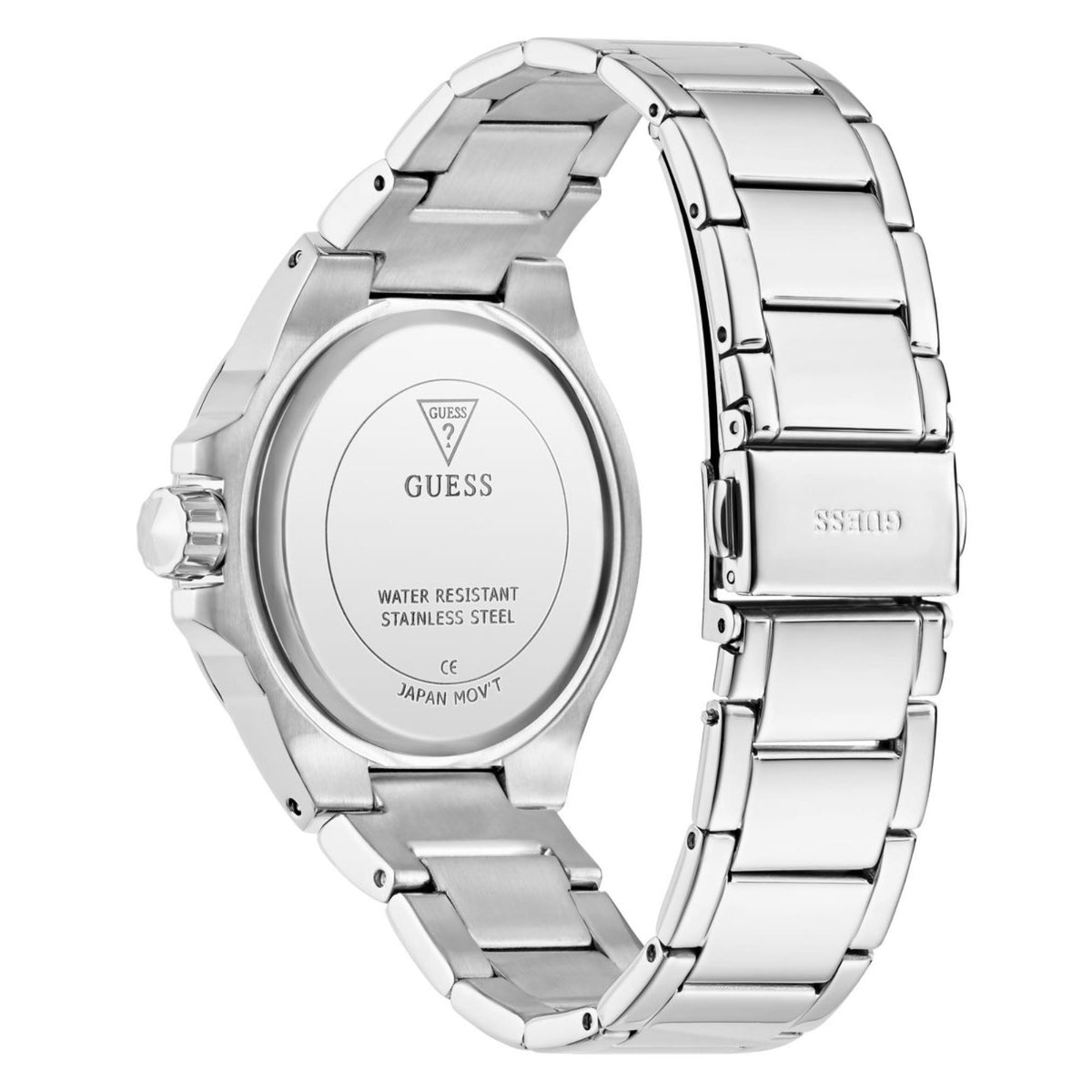 Silver stainless steel watch back view with water resistance text and link bracelet.