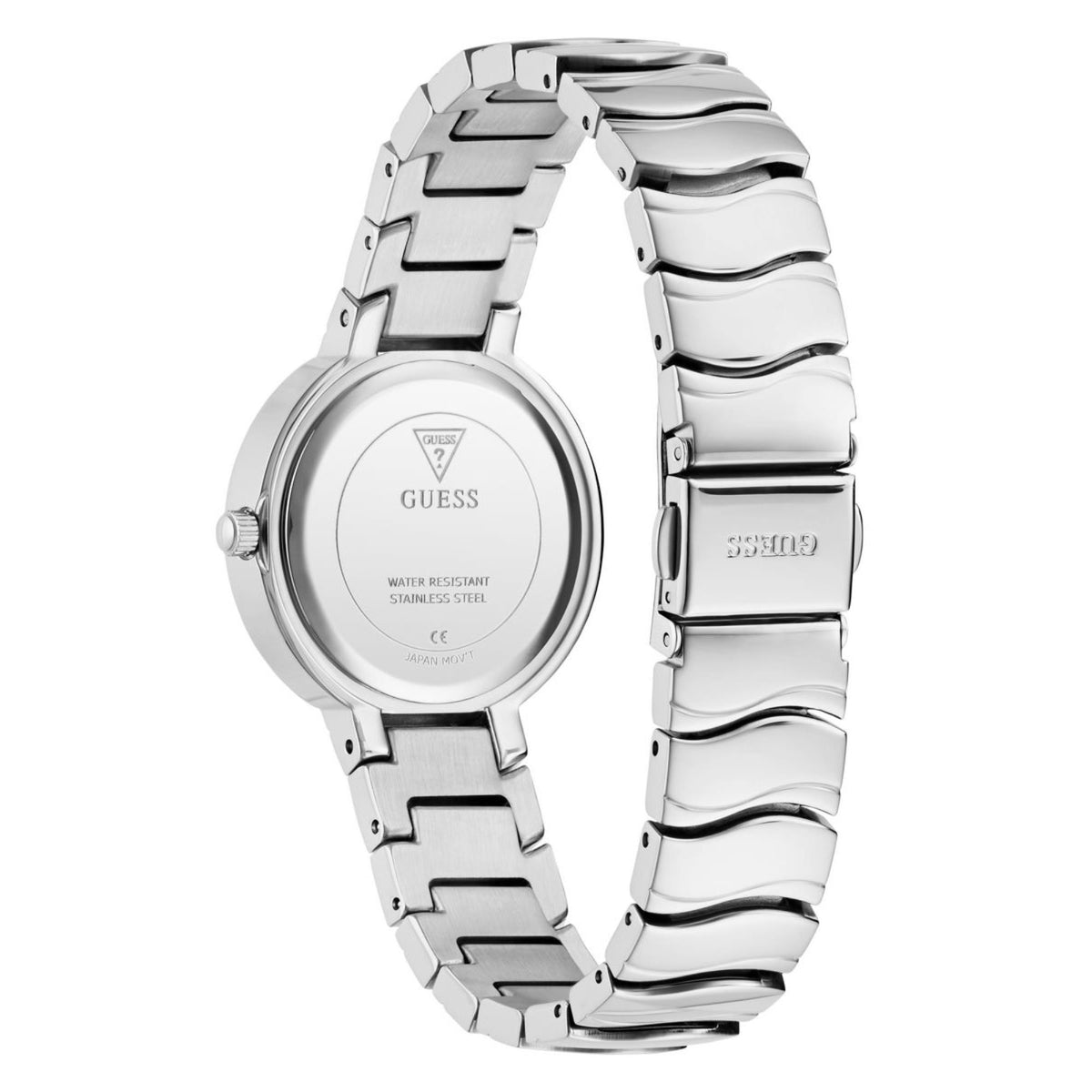 Back of Guess Laguna stainless steel watch with water-resistant text.