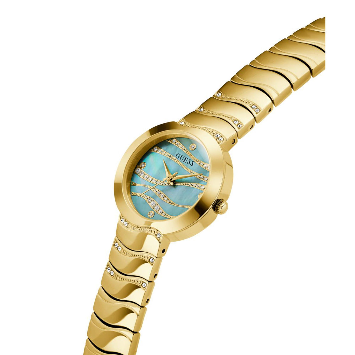 Gold-tone round bracelet watch with blue patterned dial, crystal bezel, and hands