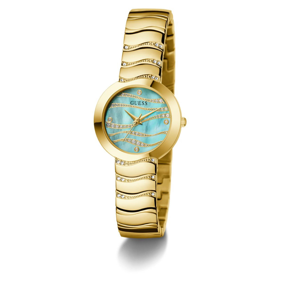 Guess women's gold-tone bracelet watch with blue dial, jeweled bezel, and crystal accents