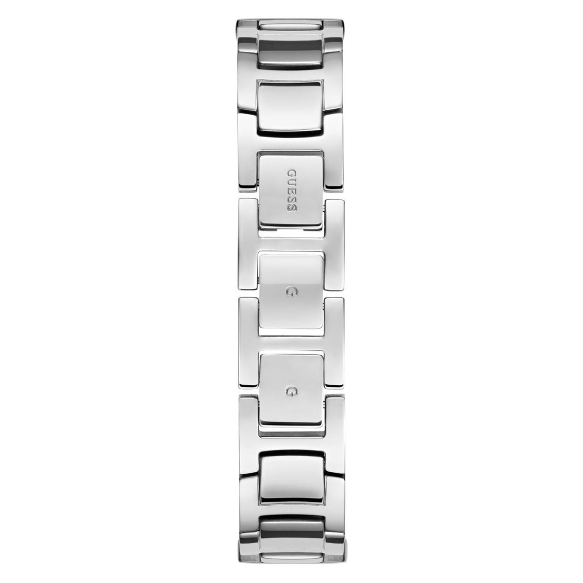 Silver stainless steel link band and folded clasp, vertical close-up