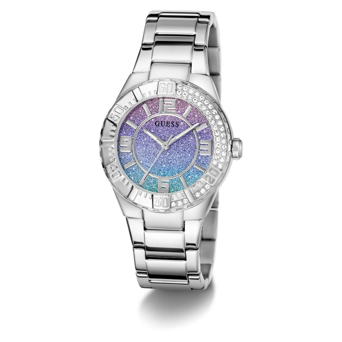Women’s stainless steel wristwatch front, purple-blue dial with date markers and crystal bezel