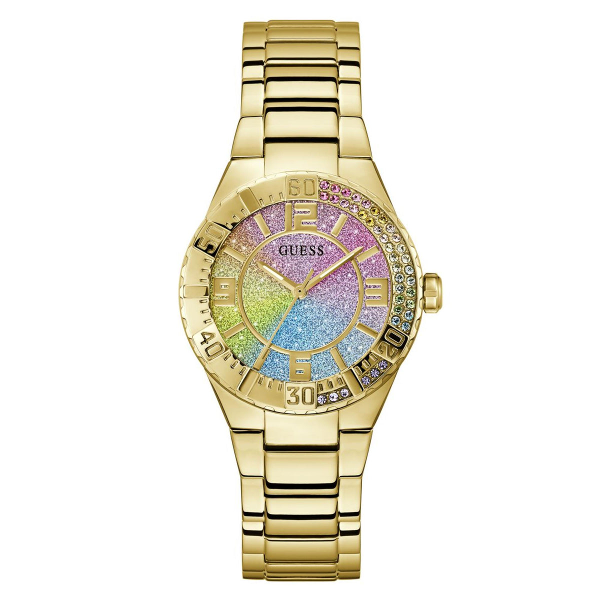 Gold-tone women's wristwatch with rainbow dial, gem bezel, and stainless steel link bracelet