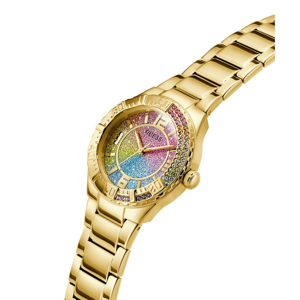 Gold-tone women's wristwatch side profile with rainbow dial and sparkling bezel on metal links