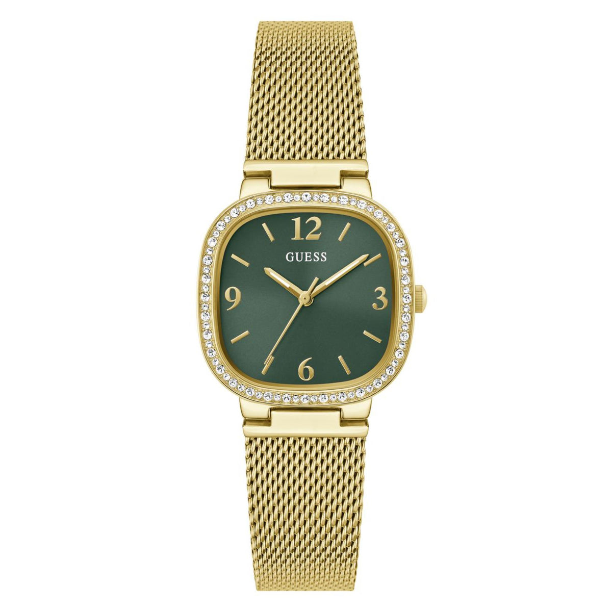 Women's rounded-square watch with green dial, gold mesh strap and crystal bezel