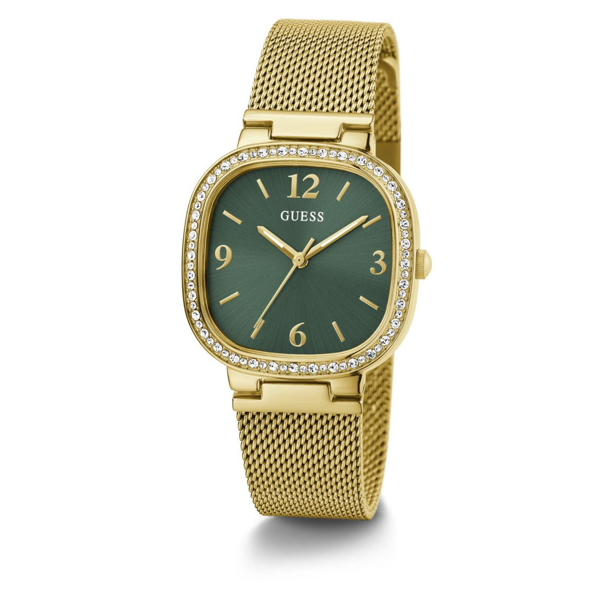 Women's gold rounded-square watch, green dial with crystal border, mesh strap