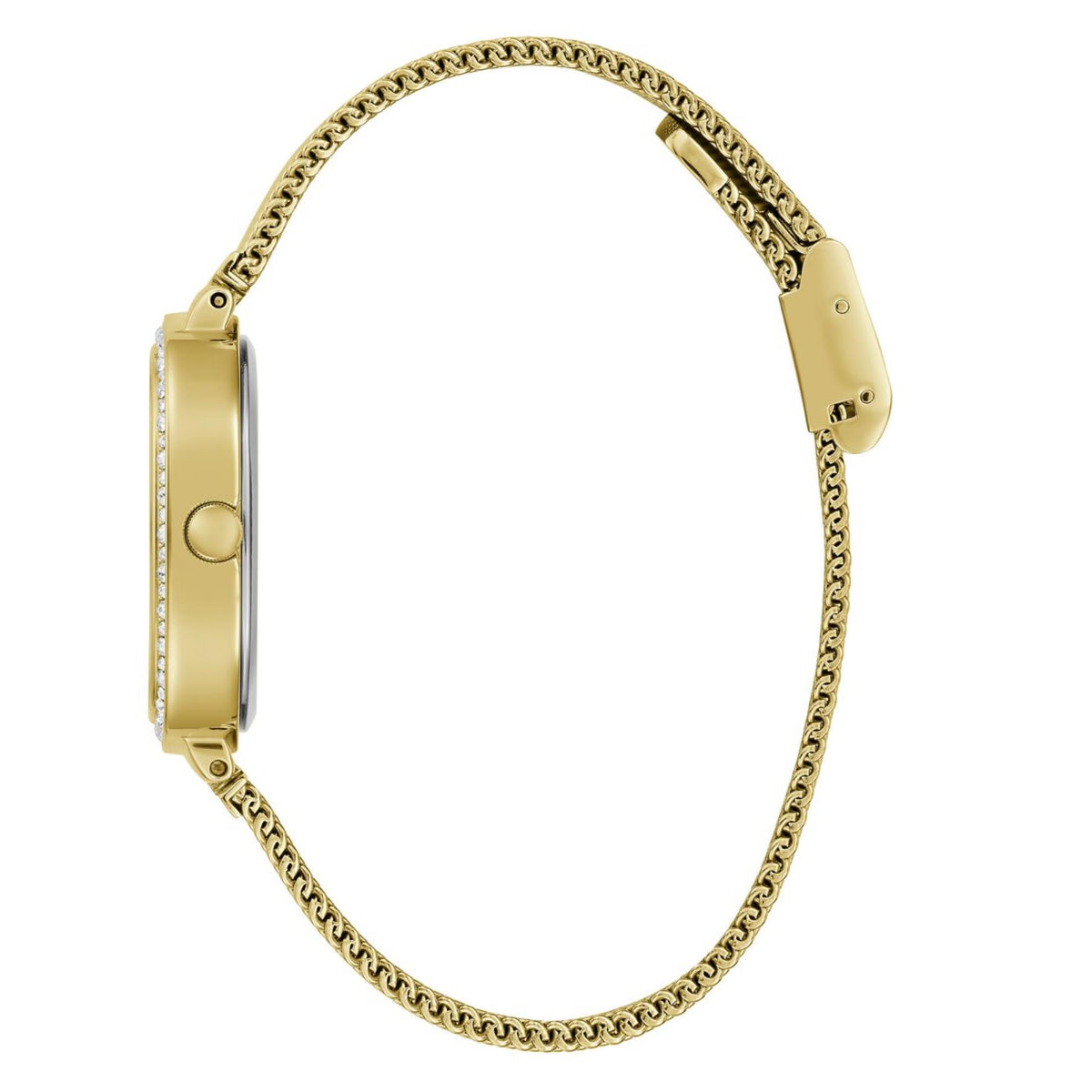 Gold-tone wristwatch side view with mesh bracelet and crystal bezel around green dial