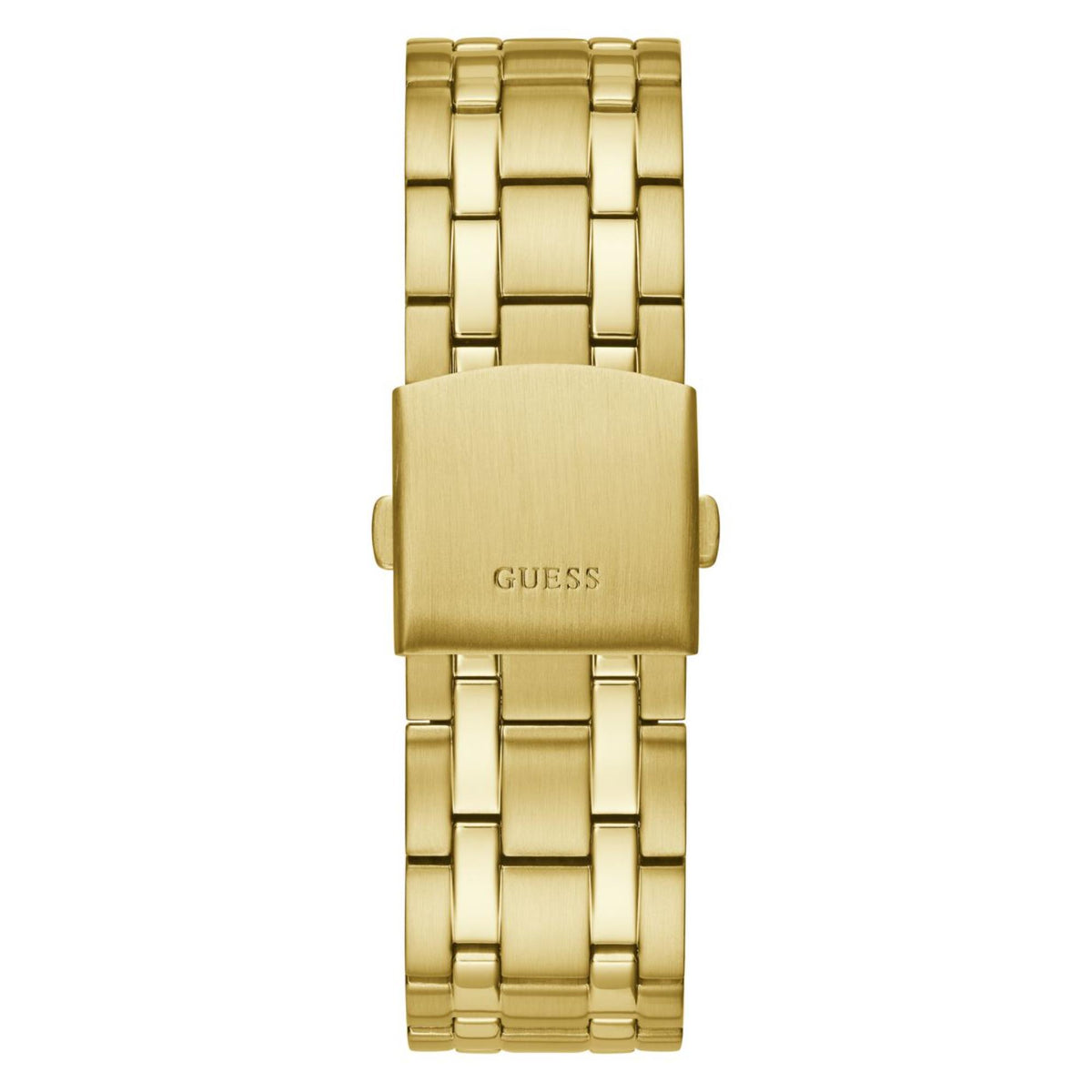 Men's gold-tone stainless steel watch with rectangular back plate and bracelet clasp