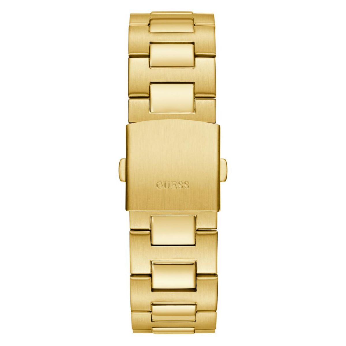Gold-tone stainless steel watch bracelet with clasp and engraved caseback face