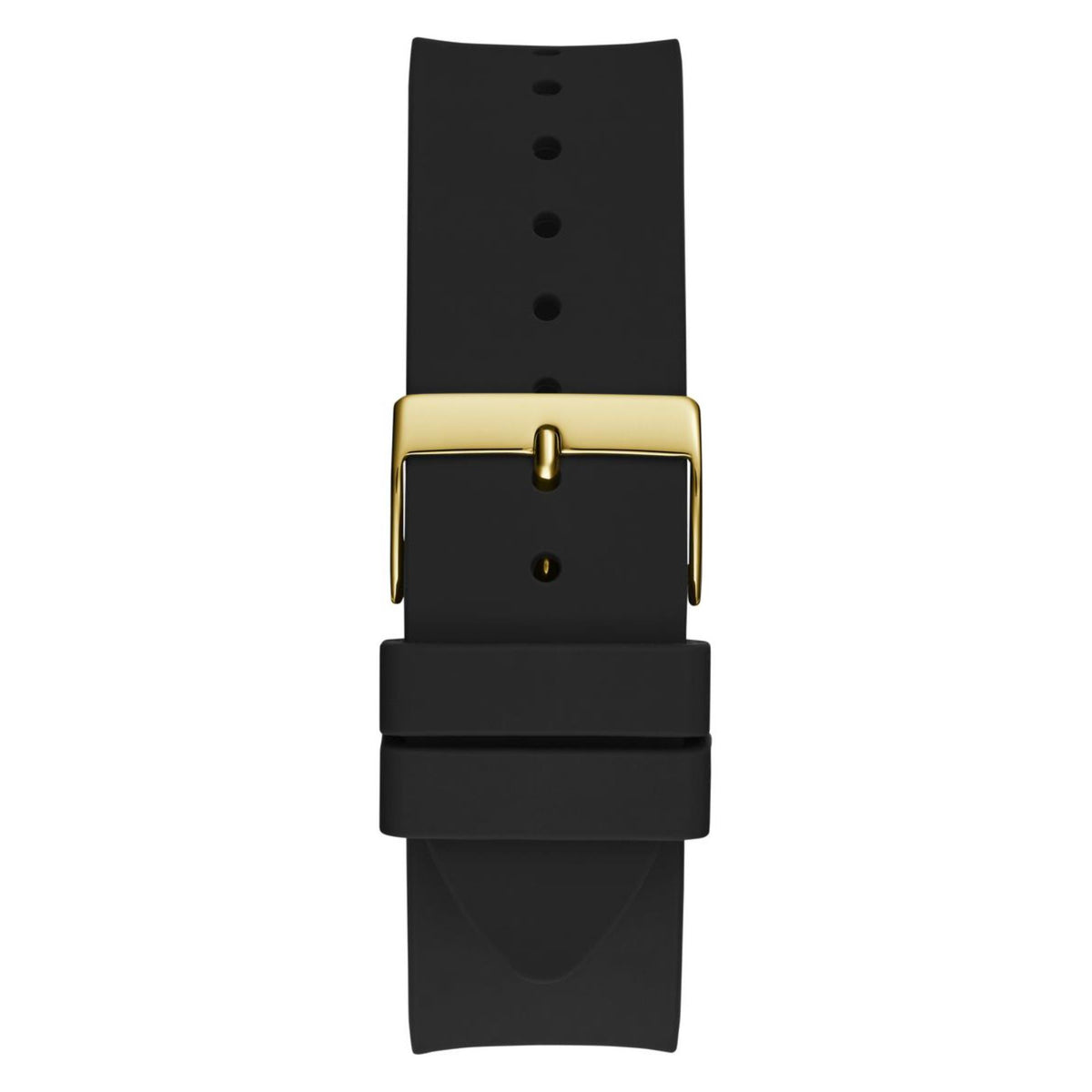 Black silicone watch strap with gold-tone buckle and adjustment holes, back view